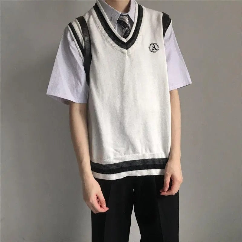 Advbridge Spring Summer Autumn Solid Patchwork Stripe Casual Pullover Tess Vest Men Loose Knitted Top Sweater Gentle Students Letter Print