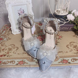 Advbridge Pearl Chain Sweet Lace Bowknot Elegant Princess  Pointed Sandals Lolita Shoes Silver Wedding Tea Party Cosplay Lolita Shoes