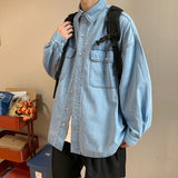 Advbridge Men's Long Sleeve Classic Hawaiian Cargo Shirts Pocket Loose Denim Shirts Fashion Trend Coats Blue Color Camisa Masculina