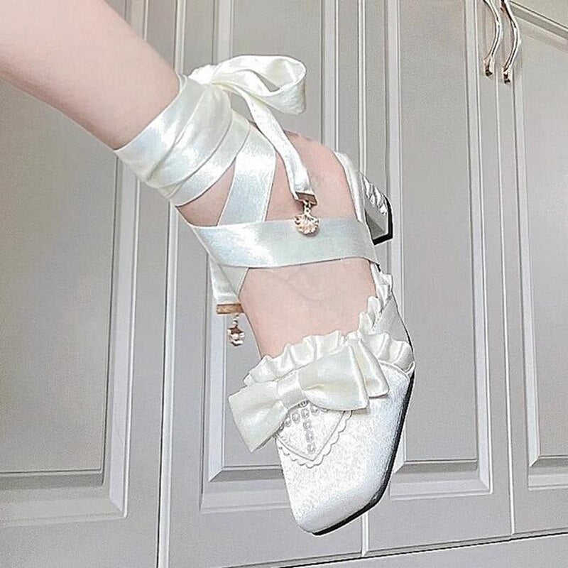 Advbridge NEW Lolita Sweet French Style Silk Bandage Ballet Shoes Women Square Toe Bowtie Women Pumps Elegant Valentine Shoes