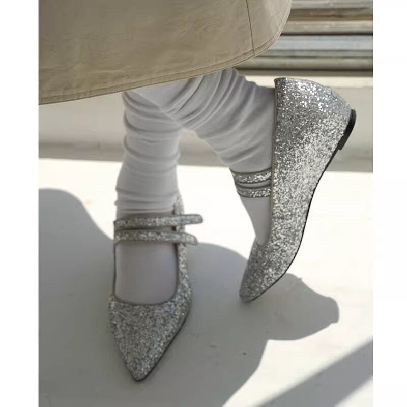 Advbridge Fashion Silver Sequin Mary Jane Shoes Low Heel Glitter Pointed Toe Heels European And American Party Shoes Handmade Women Pumps