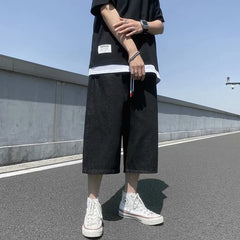 Advbridge Summer Solid Simple Jeans Shorts Male Calf Length Denim Men Elastic Waist Thin Short Jean Pants Mens Oversized Black/Blue