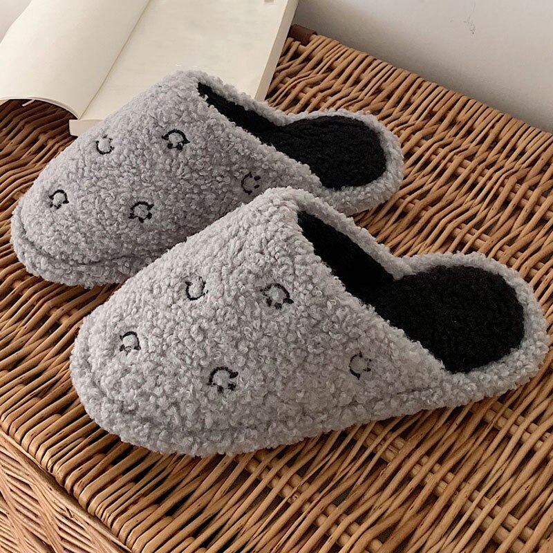 Advbridge New Winter Slippers Woman Autumn  Warm Closed Fluffy Plush Slides Men Indoor Home  Cute Face White Flip Flops Flat Cotton Shoes