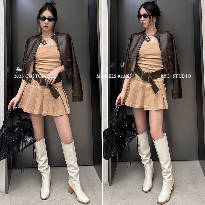 Advbridge Autumn Winter New Arrival Women Knee High Boots Fashion Mixed Colors Genuine Leather Thick Heels Square Toe Shoes Woman