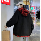 Advbridge Fake Two Piece Men's Jacket Coats Loose Plaid Print Hooded Tops Spring Fashion Jackets Men Tide Coat