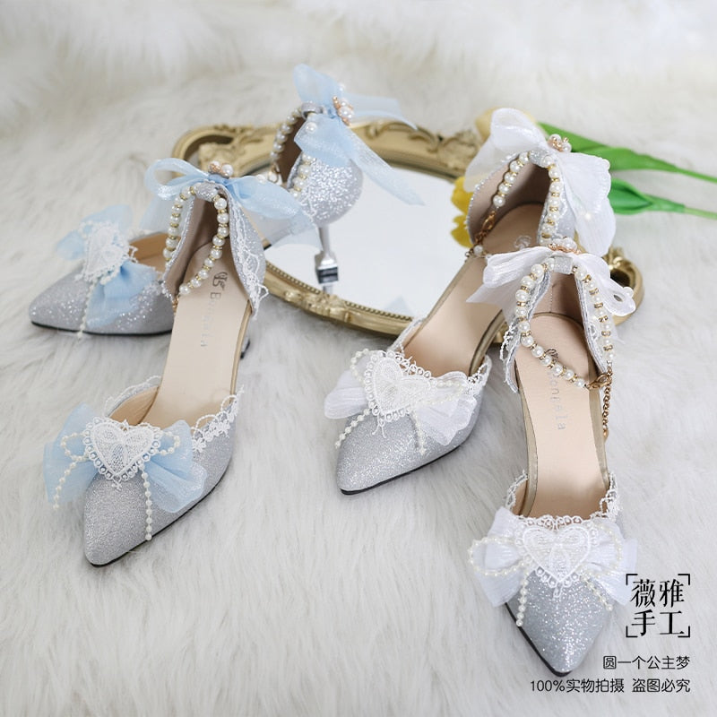 Advbridge Kawaii Girl Tea Party Elegant Pearl Love Lace Bowknot Lolita Shoes Multicolor Exquisite Embroidery Pointed Sandals Cosplay Lolit