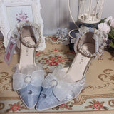Advbridge Pearl Chain Sweet Lace Bowknot Elegant Princess  Pointed Sandals Lolita Shoes Silver Wedding Tea Party Cosplay Lolita Shoes