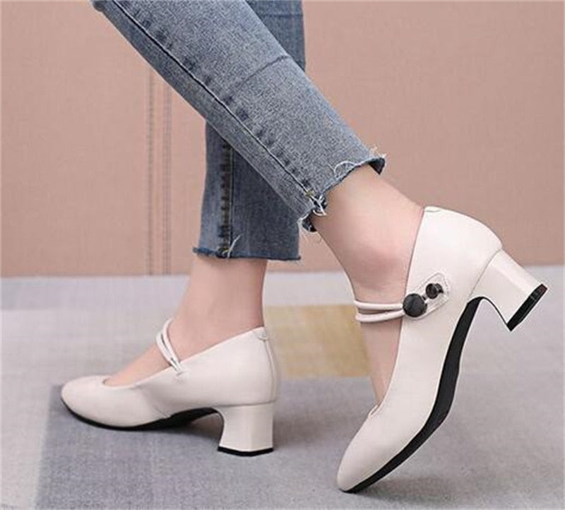 Advbridge  High-quality Cowhide Pointed Shallow Mouth Women Pumps Thick Heel Shoes Work Office Banquet Leather Shoes Large Size