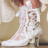 Advbridge Romantic Floral Lace Ribbons Bandage Ankle Boots Women High Heel Wedding Boots Beauty Flower Lace Mesh Prom Ball Short Booties