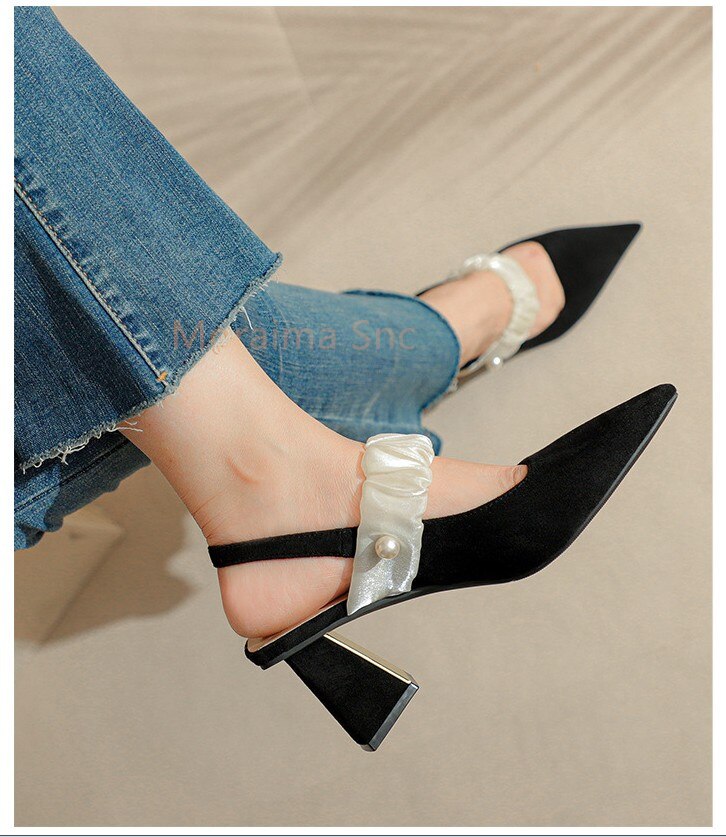 Advbridge Black Pointed Toe Chunky Heel Sandals Slingback Women's Shoes 2023 Spring New Temperament Versatile Casual Dress High Heels