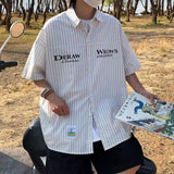 Advbridge Summer Versatile Men's Cool Casual Loose Tess Button T-Shirt Soft Short Sleeve College Style Letters Vertical Stripes Pocket