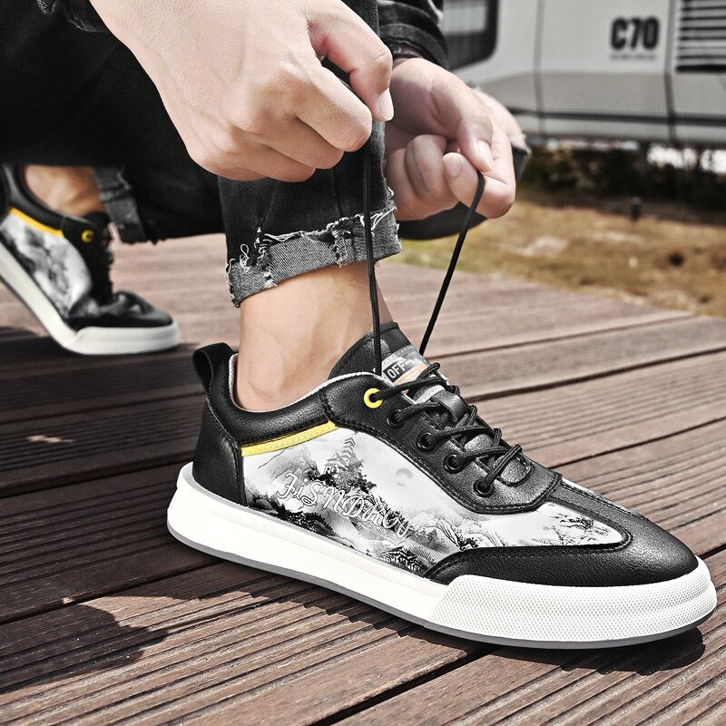 Advbridge Men Leather Shoes Lace Up Mens Casual Shoes Fashion Sneakers Men Shoes Graffiti Personalized Men's Shoes
