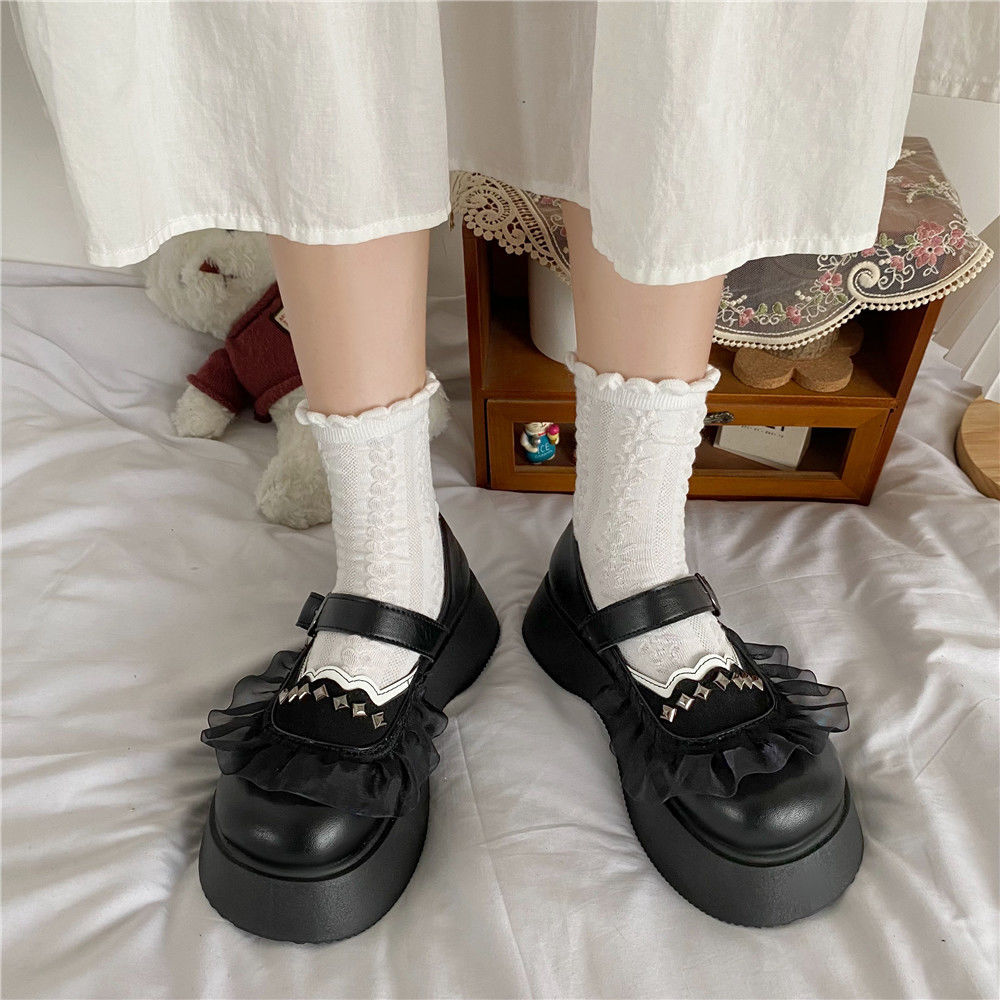 Advbridge Platform Shoes New Kawaii Thick heels Lolita Shoes Fashion Rivets JK Uniform Leather Shoes Lace Mary Jane Shoes Women's Shoes