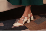 Advbridge Summer Sandals Cow Leather Mary Jane Shoes Women Cross Strap Pumps Thick Heel Pump Shoes On Heel Retro Walking Footwear