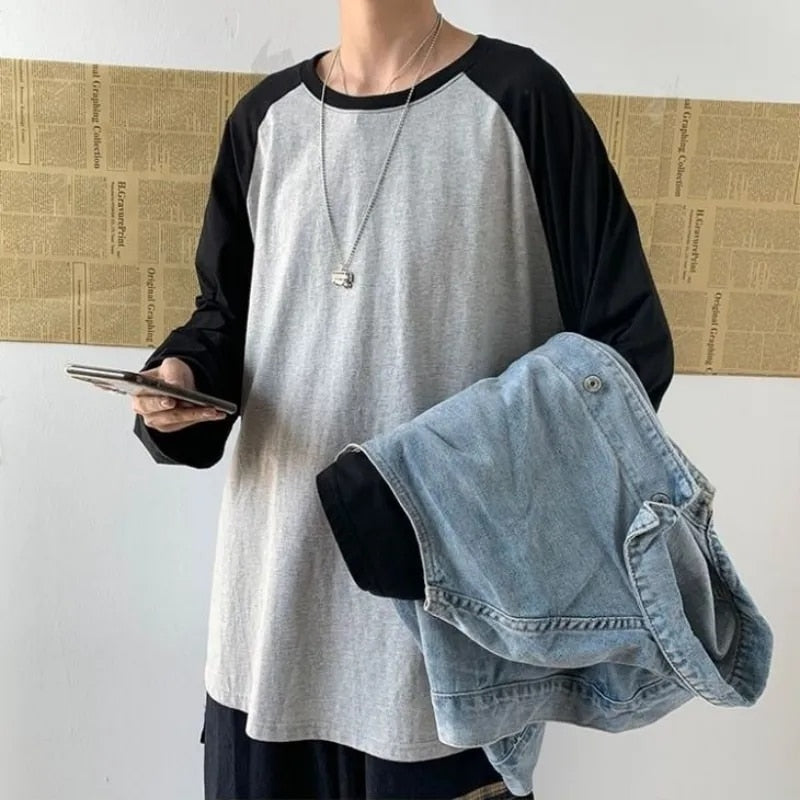 Advbridge Spring Autumn Winter Fashion Casual Pullover Men's Loose Cotton Pullover Striped Patchwork Solid T-Shirt