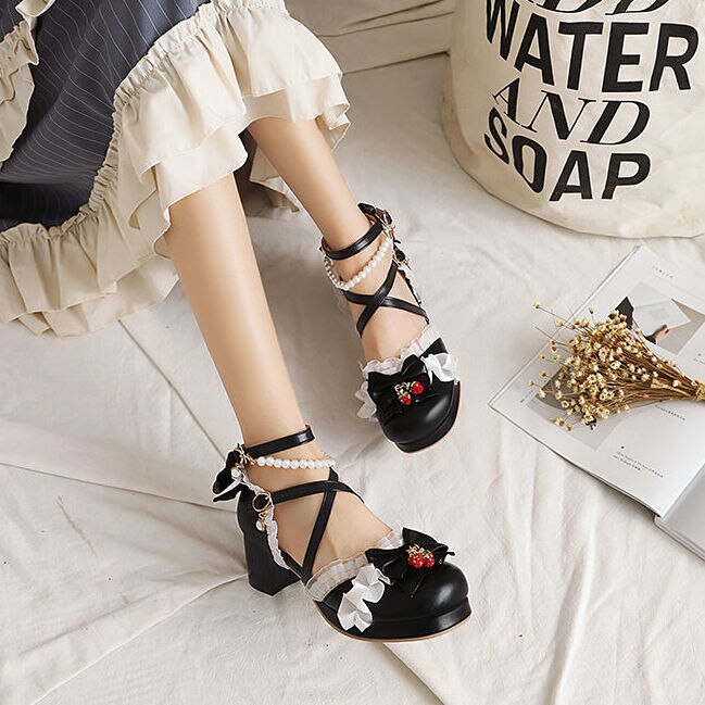 Advbridge Female Spring Anime Maid Cosplay Lolita Sandals Women's Heeled Shoes Vintage Bow High Heels Leather Princess Platform Shoe