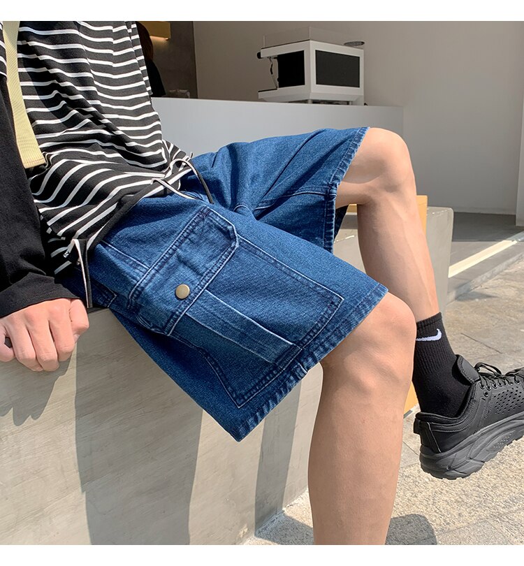 Advbridge Mens Patchwork Color Denim Shorts Streetwear Bermuda Male Multi-Pockets Casual Half Jean Summer Fashion Cargo Shorts Men