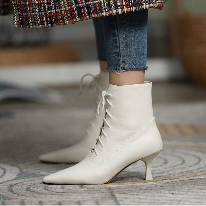 Advbridge Woman Ankle BootsThin Heel Shoes Lace-Up Winter Boots Korea Style Women Shoes On Heel 6.5 CM Cowhide Ladies Shoes Pointed Toe