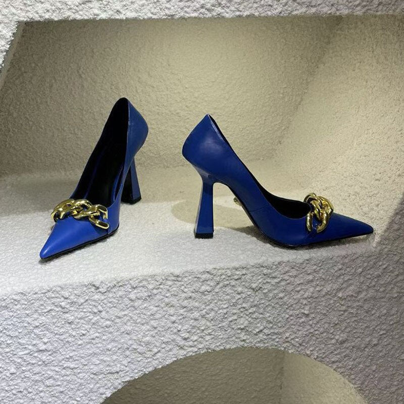 Advbridge Spring and Autumn New Special-shaped Heel Pointed Purple High-heeled Shoes Metal Chain  Large Size Women's Shoes