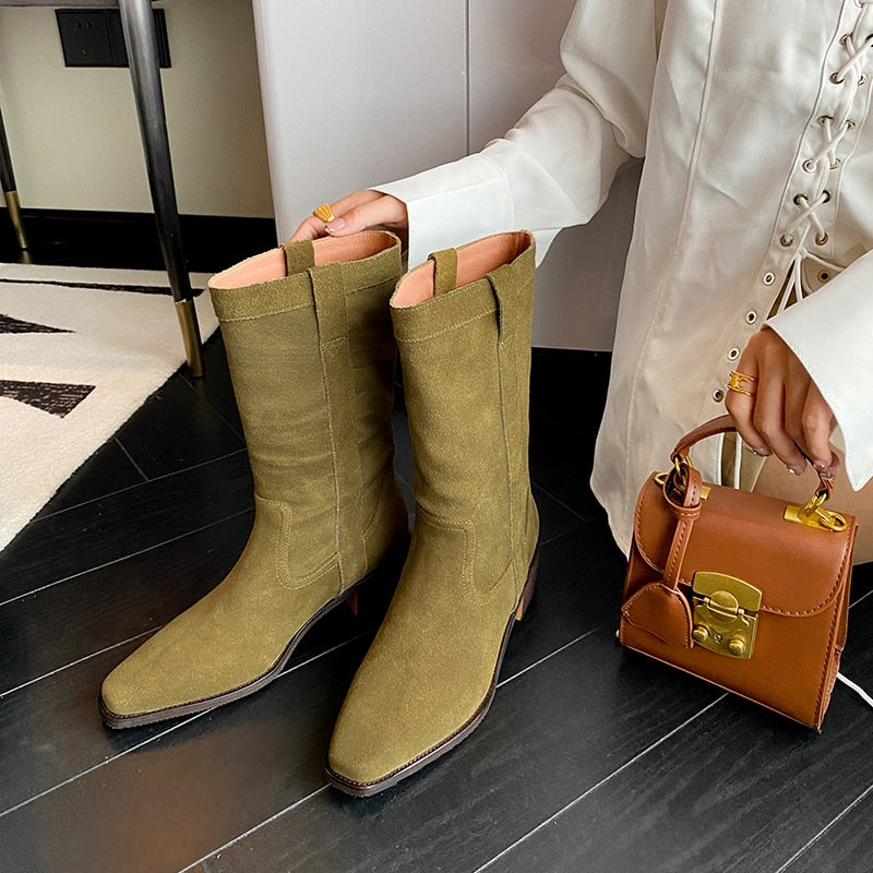 Advbridge Western Boots Cowgirls Cool Shoes Woman Cow Suede Spring Autumn Botas Casual Style Fashion Woman Ankle Boots Slip On Ladies Shoe