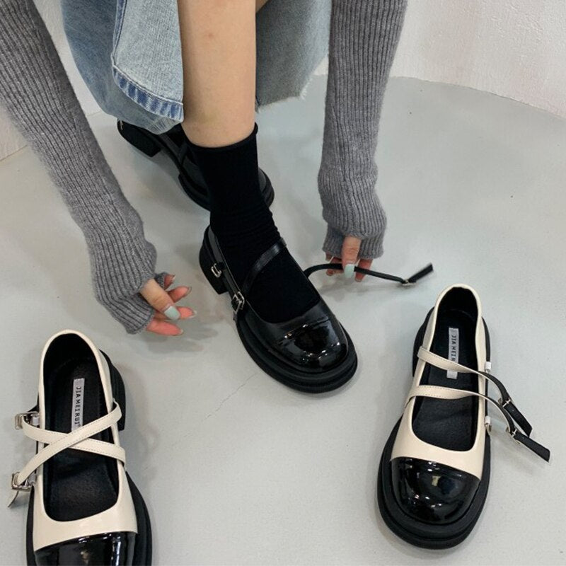 Advbridge High Heels Autumn Women Double Buckle Mary Janes Shoes Black Patent Leather Dress Shoes Pumps Retro Elegant Ladies Loafers