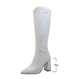 Advbridge Women Knee High Boots Square High Heel Pointed Toe Ladies Calf Boots Sequin Cloth Side Zipper Dress Women's Boots Big Size