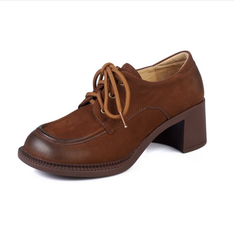 Advbridge Ladies Loafers 5.5 CM Spring Autum Lac-Up Simple Shoes On Thick Square HeelWomen Retro Pump Cowhide Big Toe Pumps British Style