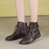 Advbridge Genuine Leather Low Heel Ankle Boots For Women Female Lace Up Soft Soles Shoes Leisure Ladies Flats Boots Big Size 41 42