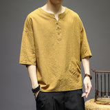 Advbridge Summer New Round Neck Temperament Men's Loose Fashion Youth Half Sleeve Solid Color Breathable Spliced Pocket Tang Shirt