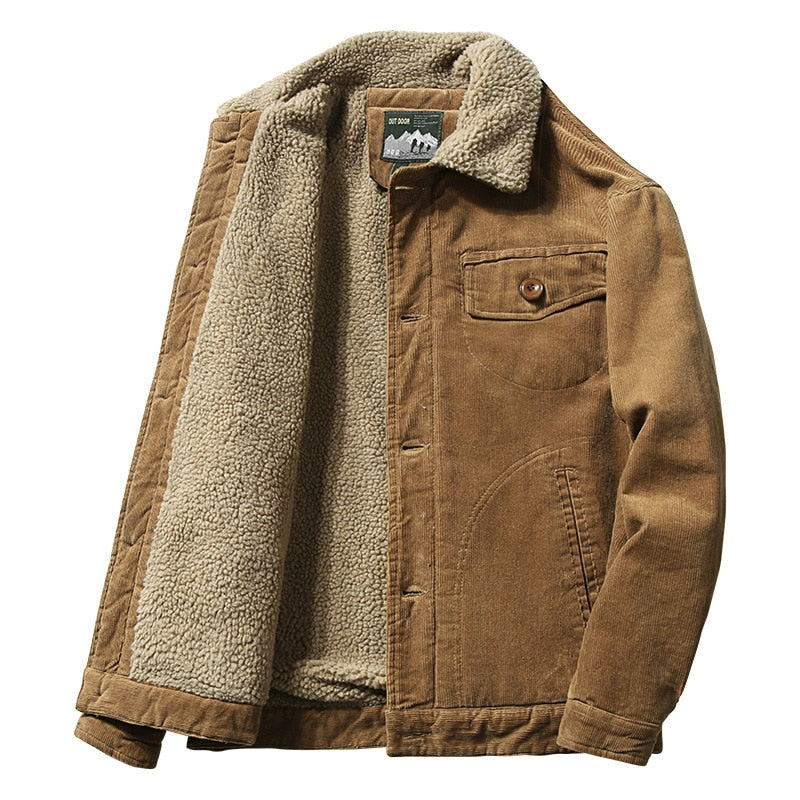Advbridge Men's Winter Button Jacket Plus Velvet Overcoat Corduroy Tooling Casual Parka Korean Fashion Solid Color Cotton Jackets