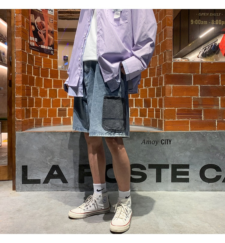 Advbridge Mens Patchwork Color Denim Shorts Streetwear Bermuda Male Multi-Pockets Casual Half Jean Summer Fashion Cargo Shorts Men