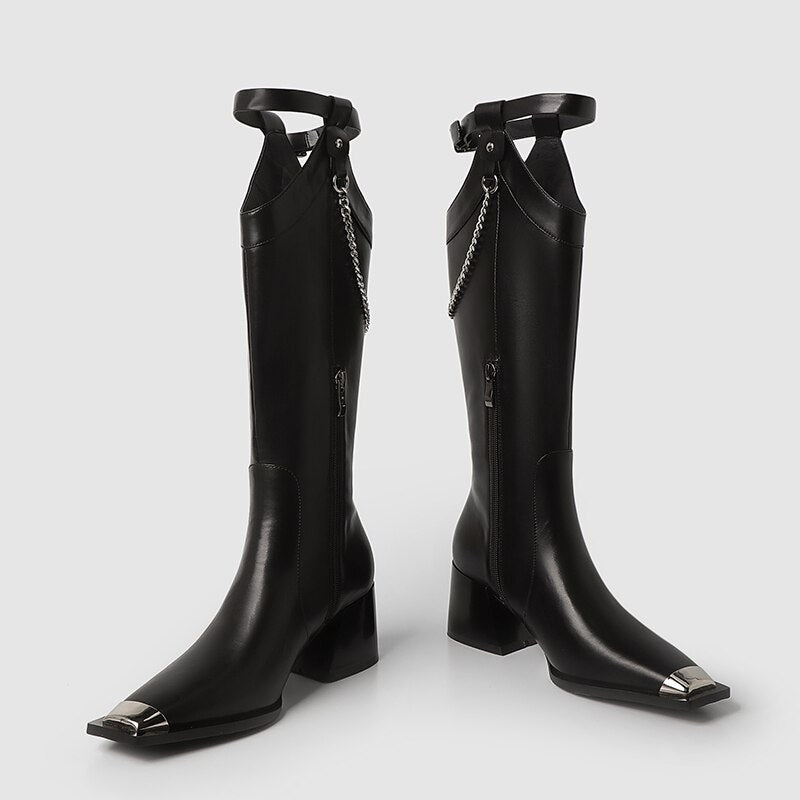 Advbridge Womens Mid Calf Street High Boots Thick Heel 7CM Square Toe Side Zipper Punk Style Shoes Cow Split Leather Chain Boots For Women