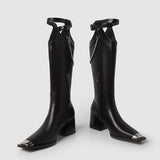 Advbridge Womens Mid Calf Street High Boots Thick Heel 7CM Square Toe Side Zipper Punk Style Shoes Cow Split Leather Chain Boots For Women