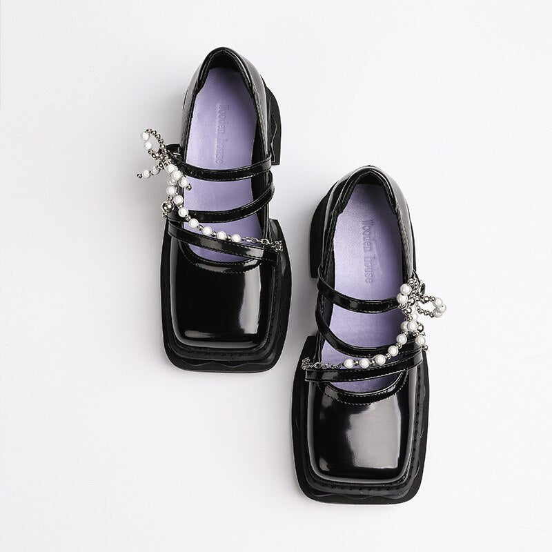 Advbridge Women Square Toe Mary Janes Shoes Pearl Decoration Ladies Loafers Female Platform Lolita Shoes Gothic Punk Pumps