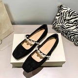 Advbridge Square Toe Pearl One Word with Mary Jane Shoes Women's New Suede Shallow Mouth Comfortable Flat Shoes