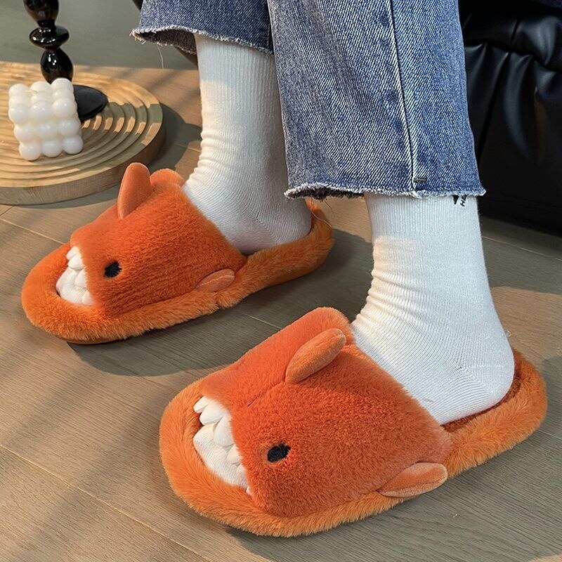 Advbridge Cartoon Miniso Winter Plush Shark Slipper Y2k Girl Fashion Casual Indoor Warm Cute Shoes Women Couple Soft Thick Trendy Shoes