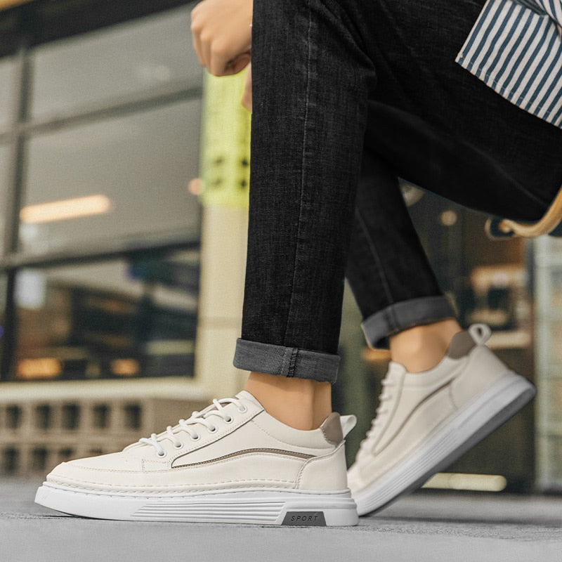 Advbridge Fashion Mens Casual Shoes Simple Leather Men Sneakers Youth Teenage Vulcanize Shoes Comfortable Male Skateboard Footwear Lace-Up