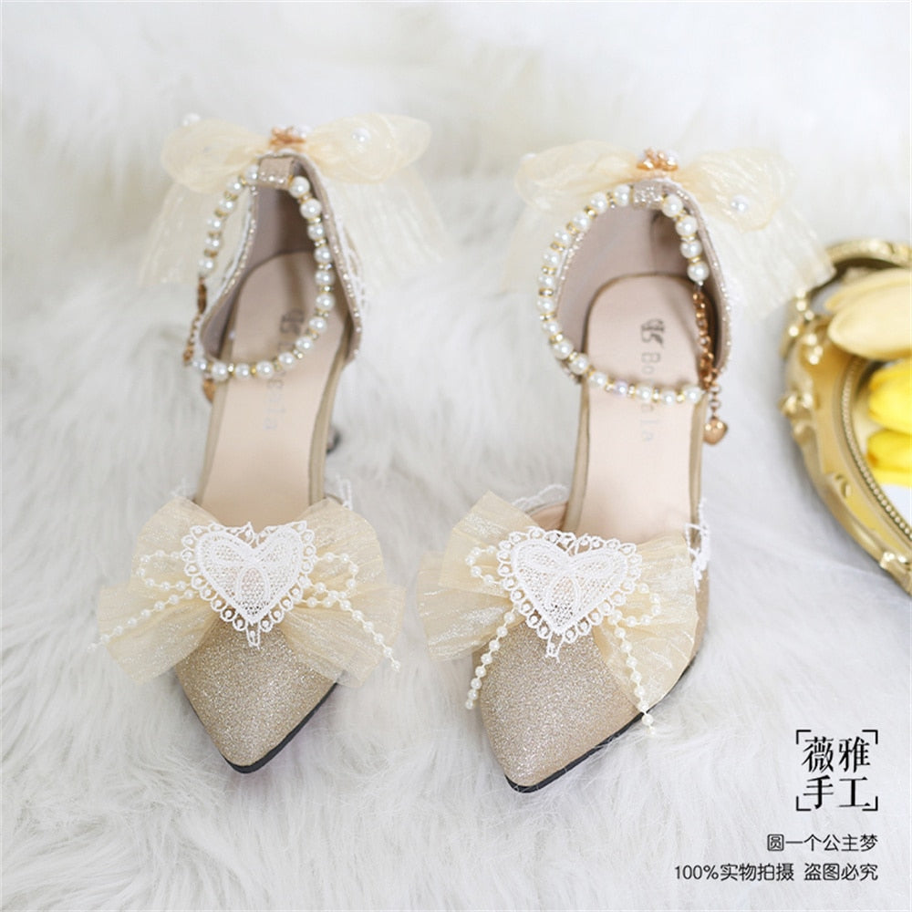 Advbridge Kawaii Girl Tea Party Elegant Pearl Love Lace Bowknot Lolita Shoes Multicolor Exquisite Embroidery Pointed Sandals Cosplay Lolit