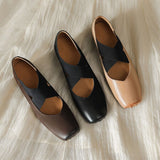 Advbridge Chic Elastic Crosseed Slip On Square Toe Ballet Shoes Women Vintage Cow Leather Mary Jane Flat Loafers Shoes Dancer Shoes