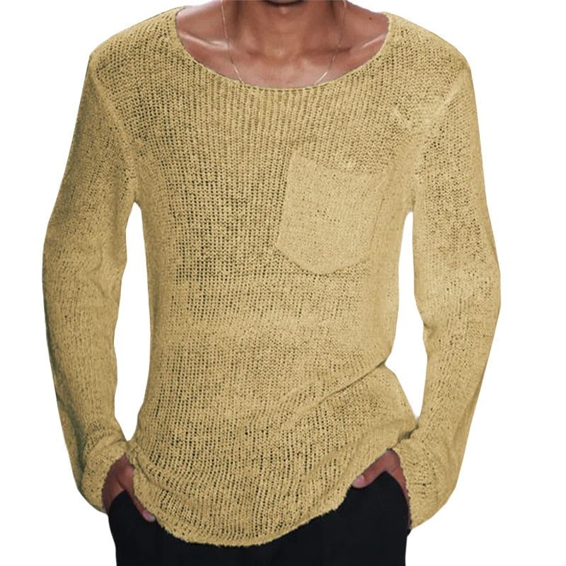 Advbridge Spring Casual Solid Color Slim Fit Knit Tops For Men  Long Sleeve Crew Neck Knitting T Shirts Mens Clothes Leisure  Shirt