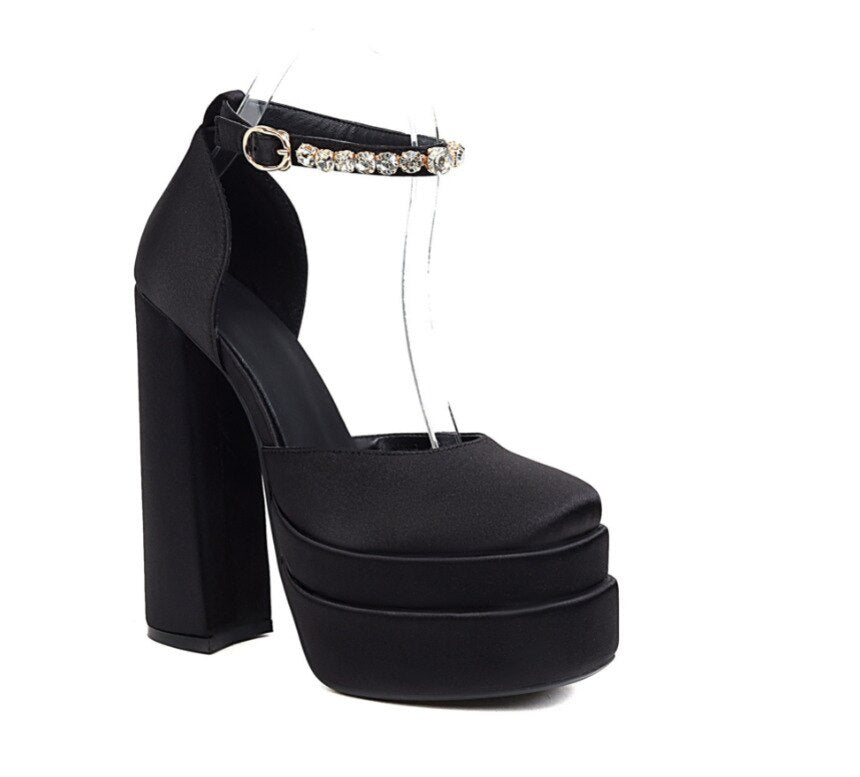 Advbridge Women New Suede Leather Thick Heel Low-top Square Pumps Diamond Ankle Strap Buckle Shoes