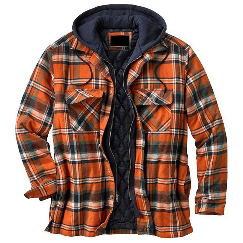 Advbridge Men's Fashion Winter Warm Plaid lining Fleece Shirt With Hood Cotton Padded Thick Bomber jacket Thermal Tops Clothing for men