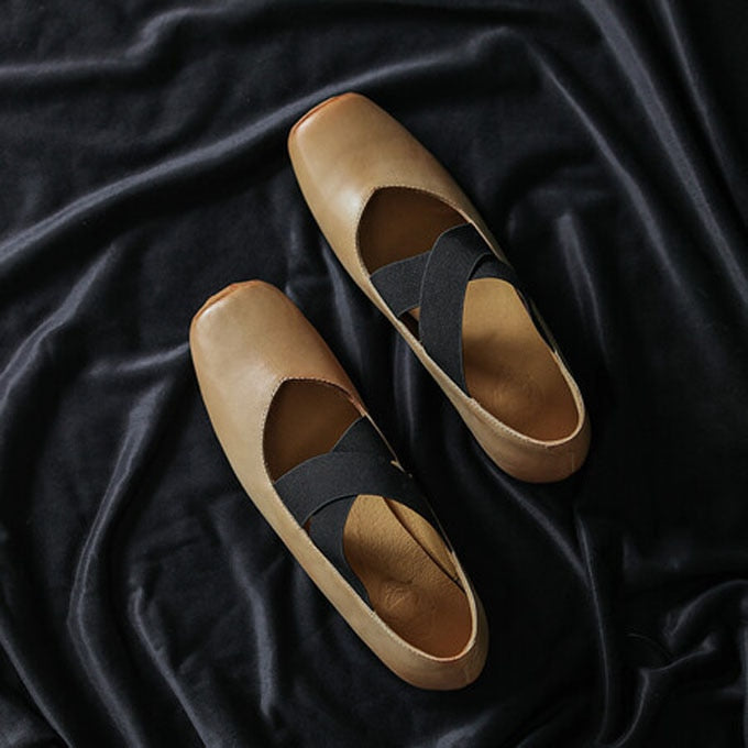 Advbridge Chic Elastic Crosseed Slip On Square Toe Ballet Shoes Women Vintage Cow Leather Mary Jane Flat Loafers Shoes Dancer Shoes