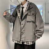 Advbridge Fake Two Piece Men's Jacket Coats Loose Plaid Print Hooded Tops Spring Fashion Jackets Men Tide Coat