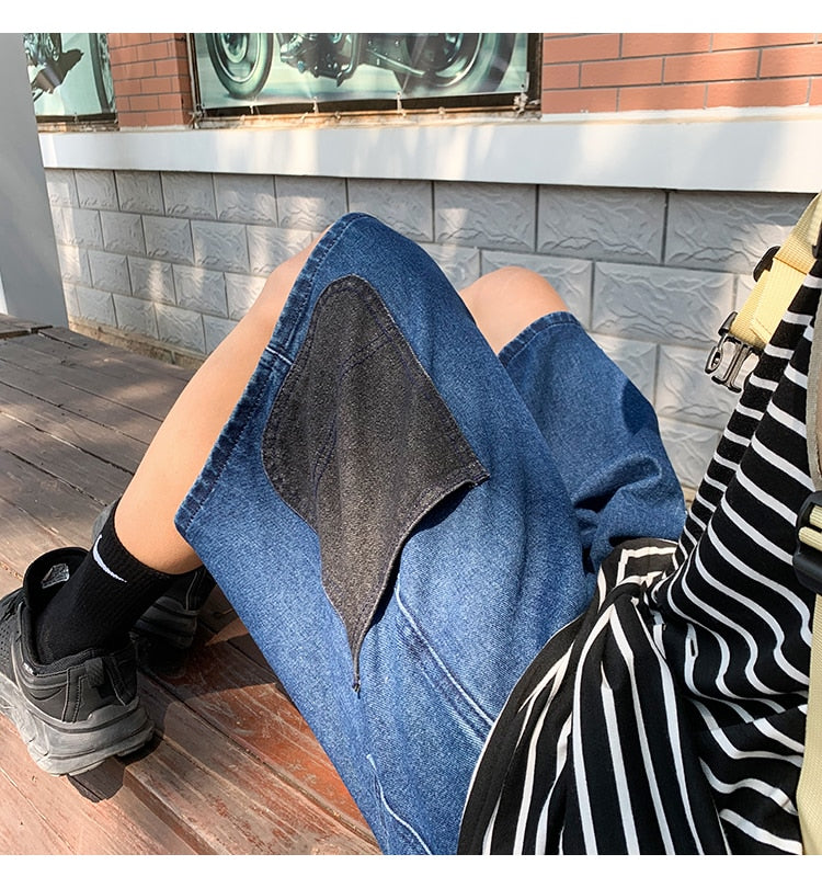 Advbridge Mens Patchwork Color Denim Shorts Streetwear Bermuda Male Multi-Pockets Casual Half Jean Summer Fashion Cargo Shorts Men
