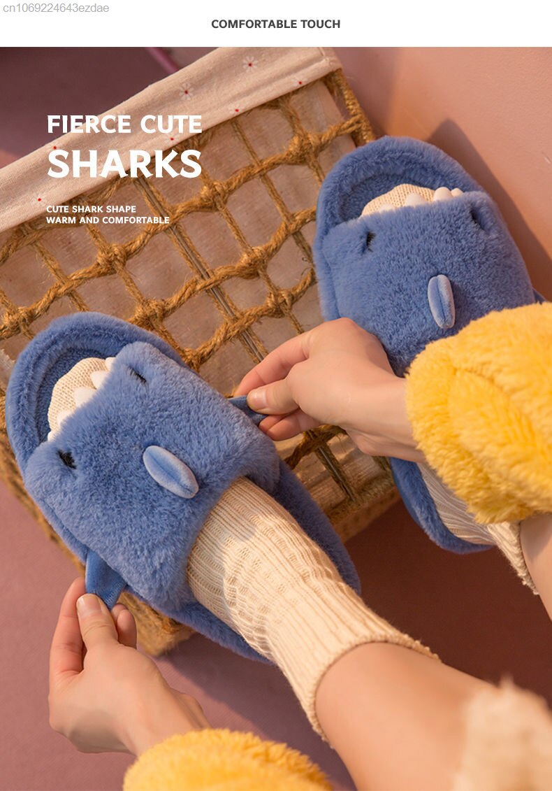 Advbridge Cartoon Miniso Winter Plush Shark Slipper Y2k Girl Fashion Casual Indoor Warm Cute Shoes Women Couple Soft Thick Trendy Shoes