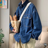 Advbridge Men's Long Sleeve Classic Hawaiian Cargo Shirts Pocket Loose Denim Shirts Fashion Trend Coats Blue Color Camisa Masculina
