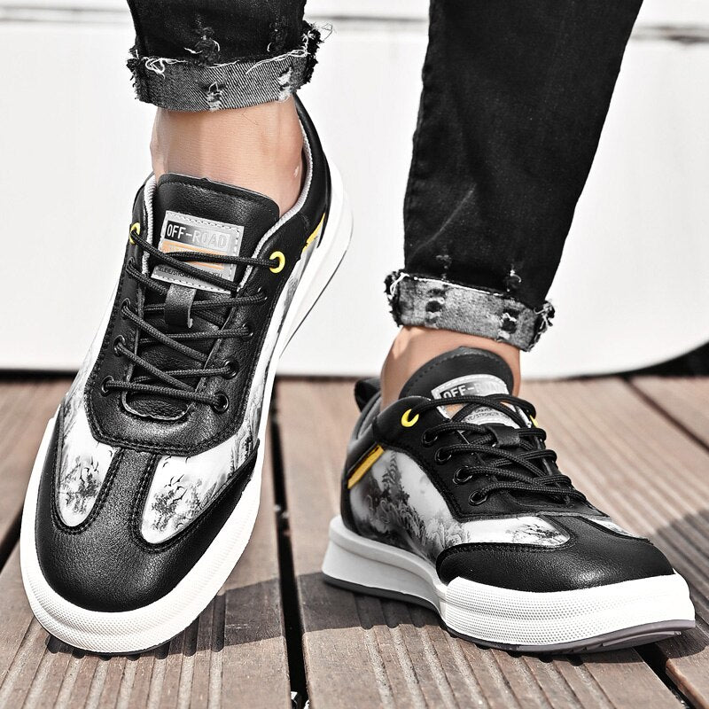 Advbridge Men Leather Shoes Lace Up Mens Casual Shoes Fashion Sneakers Men Shoes Graffiti Personalized Men's Shoes
