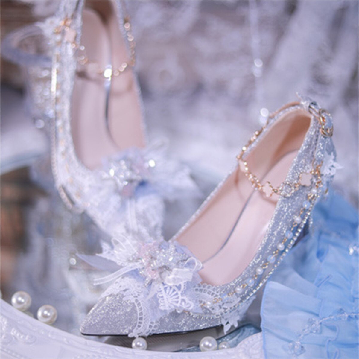 Advbridge Elegant Retro Lolita Court Style Cosplay Flower Wedding Girl Gorgeous Bow Pearl Gem Lace 6.5cm-8.5cm Pointed High Heel Shoes