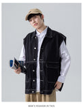 Advbridge All Season Fashion Men's Solid Pocket Cool Boy Casual Loose Safari Style Tess Button Sleeveless Vest Denim Button Jacket Coat